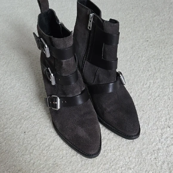 All Saints Dark Brown Ankle Boots with Buckle Detail - Picture 3 of 9